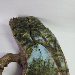 Vtg Hand Painted Wood Live Edge Slab Mountain Scenery Art Woodland Scene w/Pond