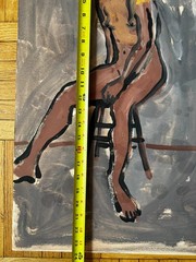 Vintage Gouache Paper Study Painting Black Woman Braid Hair Seated 24 x 19 OOAK