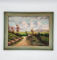 Vintage European Oil Painting Landscape Cottage Mountain 22×18 Framed Original