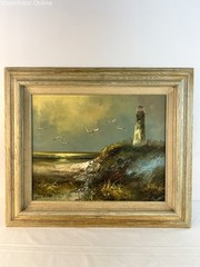 Original Oil Painting Karl Neumann Vintage Seascape Ocean Lighthouse Seagulls