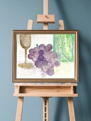 Purple Grapes, White Wine Gold Goblet Vibrant Watercolor 5×7 Original