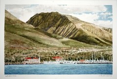 Hawaii Watercolor Painting Lahaina Maui & Boat harbor by Larry Segedin #204