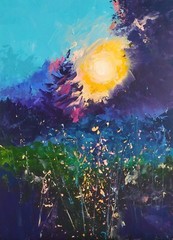 acrylic painting on panel original hand made art purple evening shadows and sun