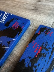 abstract painting, abstract art, red, blue, black, white, scrap wood, acrylic