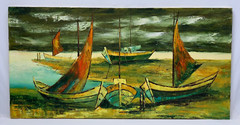 F LEE LARGE SEASCAPE OIL PAINTING SAND DOCKED FISHING BOAT PALETTE KNIFE IMPASTO