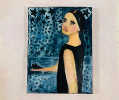 Original Acrylic Collage Blue Figure Painting Woman Gift Bird Stars Canvas Art