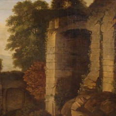 Antique landscape artwork bucolic painting oil canvas ruins 17th century