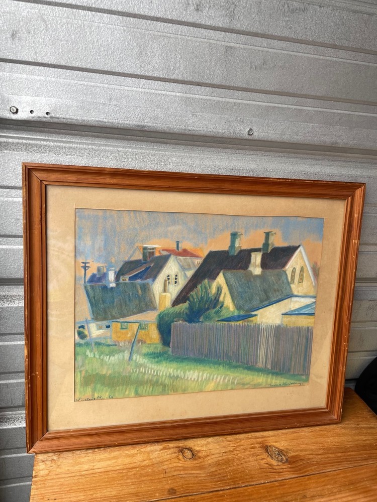 Listed Artist Knud Hvidberg Denmark Original 1954 Pastel Home Scene Framed