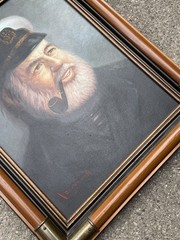 Vintage Nautical Oil Canvas Painting Sea Captain Portrait Pipe Signed Lee Young