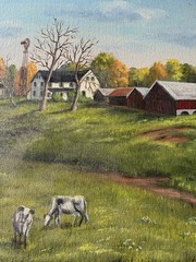 Vtg Original Oil Painting “Suttons Farm” Barn Landscape Cows Unframed Lis Behnke