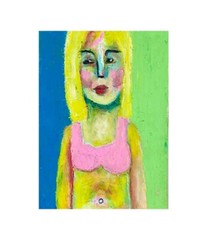 Summer Beach Art Pink Bikini Figure Painting 5×7 Woman Oil Pastels Miz Katie