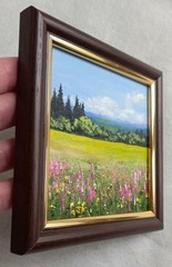 Original Oil Painting Landscape Field with Wild Flowers Framed Wall Art 4 x 4 in