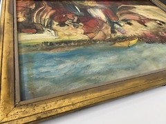 Vintage Native American Oil Painting “Navajo Rodeo & Bull Fight” by Bill Rakocy