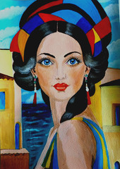 Portrait of a young woman with blue eyes Sea sky clouds Original handmade А 4