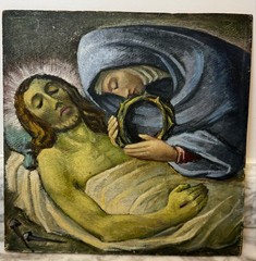 Original Mid-Century Italian Oil Painting Pietà on Hardboard Panel 12” Unsigned