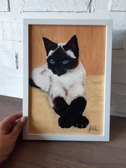 Siamese Cat Original Painting Pet Art Framed 12 by 9 Cat Blue Eyes Oil Painting
