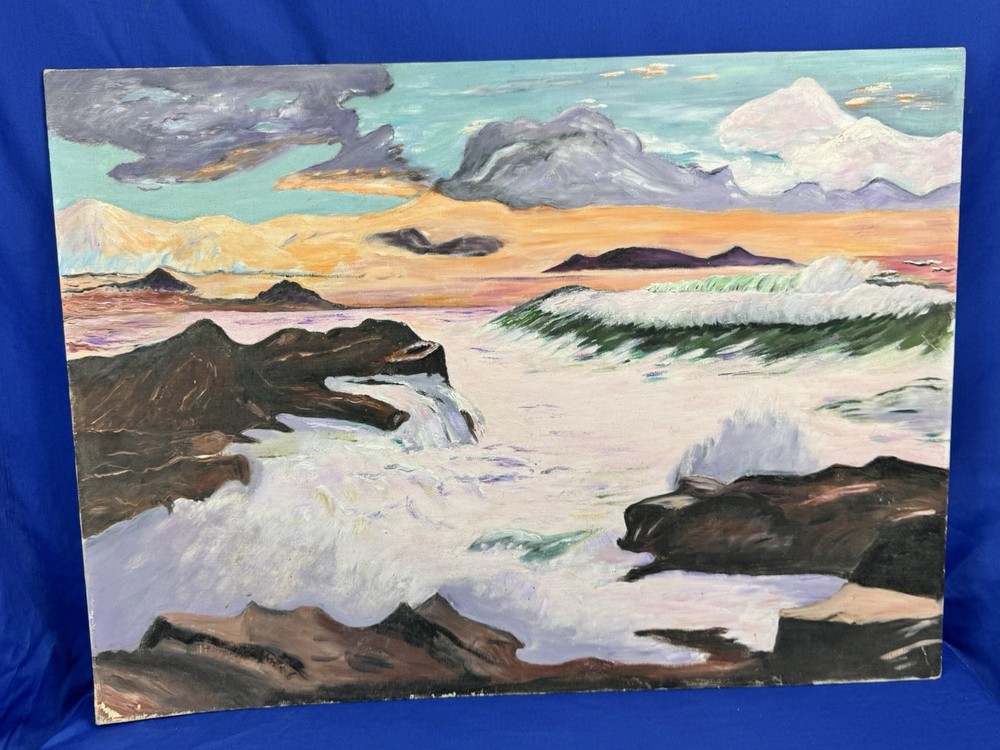 Vintage Oil Painting, Canvas Panel ~ Coastal Scene, Rocky – Colorful 30″ x 22″