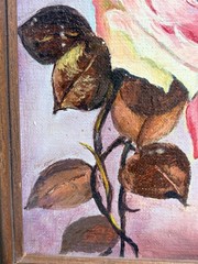 Antique Oil Painting On Board Pink Roses Signed Framed Wall Art Still Life 15X12