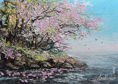 Original Dreamy Coastal Oil Painting, Pink Blossom Tree by the Sea Soft Wall Art
