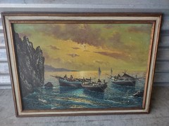 Antique Oil on Canvas Nautical Seascape Fishing Boats OLD Impressionist
