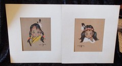 Vtg Numbered & Matted Chris T. Hersey Navajo Children Paintings (2) on Velvet