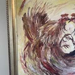 Vintage Kissing/Fighting Roosters Oil On Canvas 60s Spain Framed Art Signed mcm