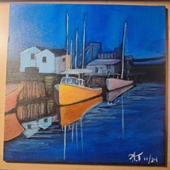 Original Impressionist 8×8 Sailboat Harbor Acrylic Panel Painting Signed Blue