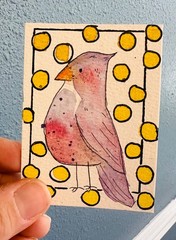 Original Watercolor ACEO – Bird with Yellow Polka Dot Background