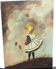 JANICE GIRL ON A HILL THE WIND IS BLOWING LEAFS ORIGINAL OIL ON CANVAS PAINTING
