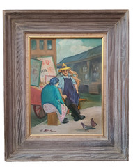 American NY Ashcan Artist Cecil Bell „Peanut Vendors“ Oil on Board Painting 1964