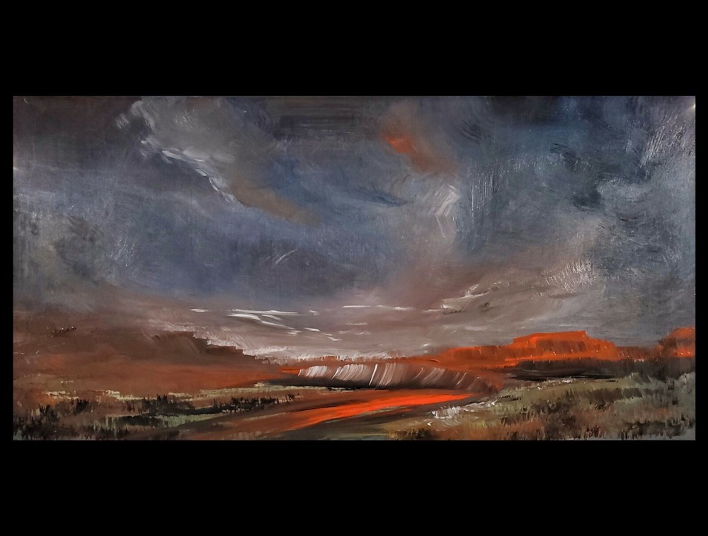 Original Painting Stormy Red Orange Abstract Canyon Landscape Art 24” Signed