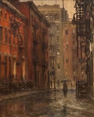 Alfred S. Mira, Oil Painting “Rain Gay Street Greenwich Village” NYC 16×20