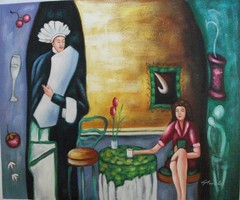 Hand painted and signed portrait art in cafe OIL PAINTING ON CANVAS, 20″ x 24″