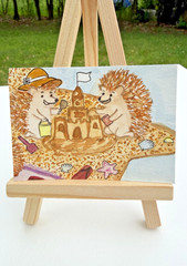 Original ACEO Watercolor Painting Hedgehog Sand Castle Series Beach Sea Shells