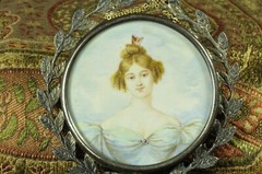 Hand paint miniature portrait in sterling silver frame, 1860’s, “Marie de Coisac