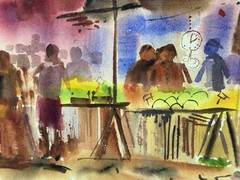 American 20th C, Janice Bechter, Vintage Watercolor Painting, Market Scene
