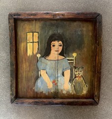 VINTAGE 1960’s CAT YOUNG GIRL PORTRAIT OIL PAINTING MCM BARN WOOD FRAME
