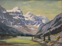 Rare Vintage R. L. Harvey Casein Painting „Lower Waterfowl Lake“