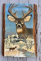hand-painted deer/buck scene on rustic live-edge wood slab, signed S. Timmons