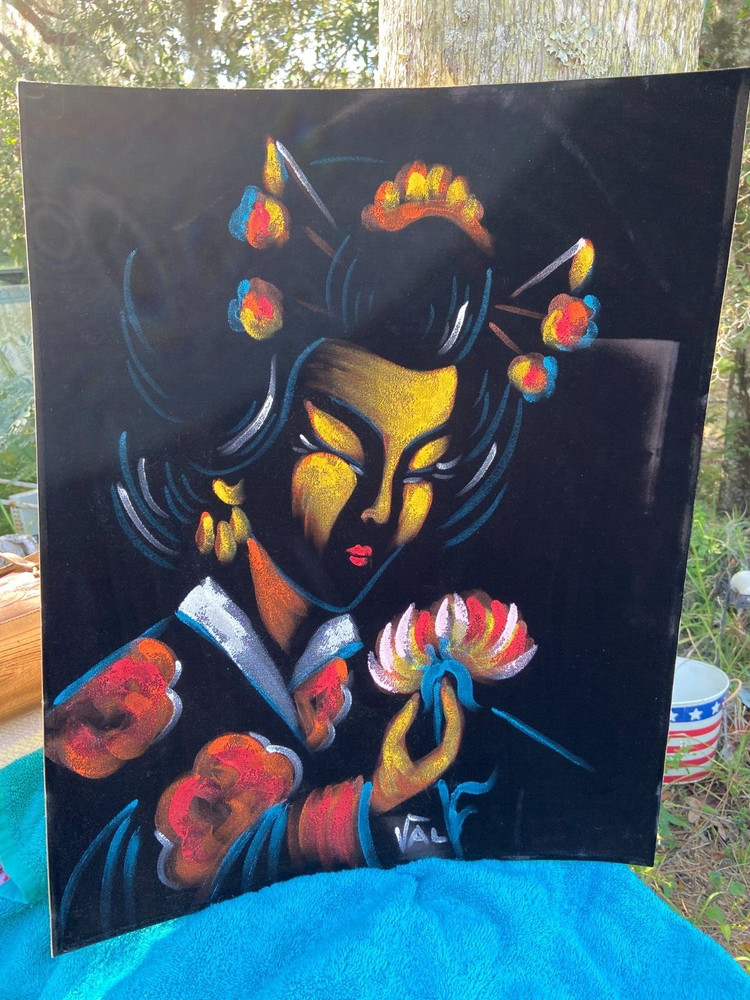 Gorgeous Mid Century Vintage Asian Woman Bright Painting Black Velvet by Val
