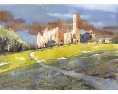 Quinn Abbey in Irish countryside colorful watercolor landscape ruin Ireland