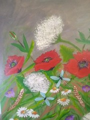 Painting Red Poppy Field of Flowers Dragonfly 16 x 20 Canvas Daisies Original