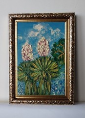 Framed Texas Landscape Yuccas Bluebonnets Art 4×6” Impasto Oil Painting Original