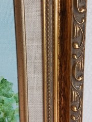 Vintage Oil Painting Waterlily pond statue and garden gate canvas signed framed