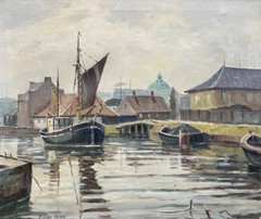 Impressionist Einar Gross 1895-1962 Boats in City Harbour Oil Painting, Framed