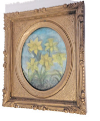 Vtg Floral Daffodil Orig painting w/ Ornate Gold Oval wood Frame 15″ x 13″