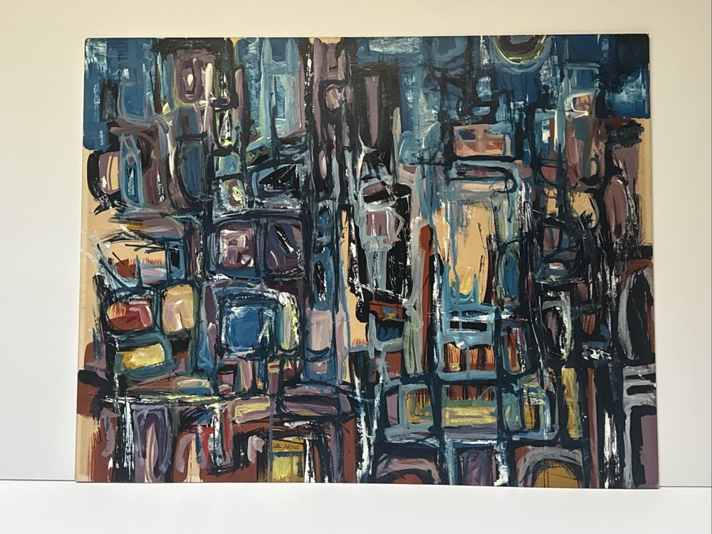 MID CENTURY ABSTRACT PAINTING EXPRESSIONISM CUBISM MODERNISM HAL AKINS SIGNED