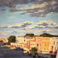 Framed Impressionist Cityscape Painting Buildings Sky & Clouds Cities & Towns