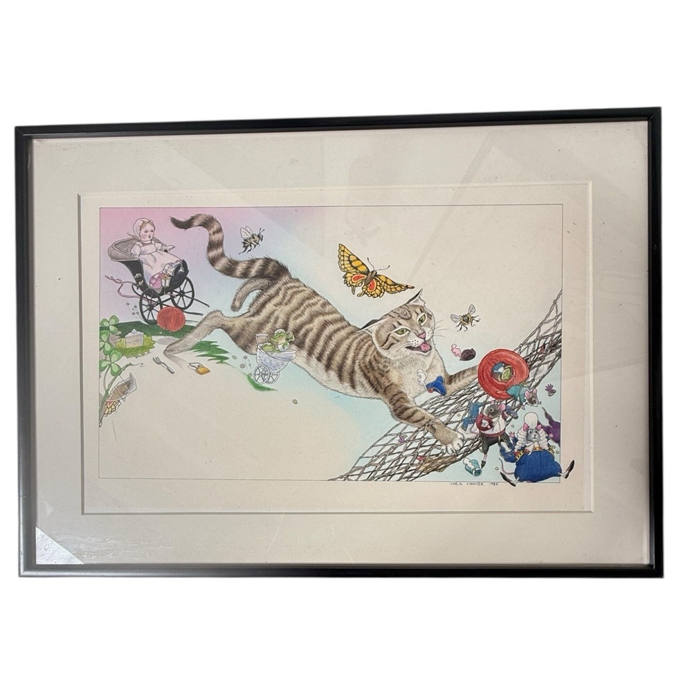 Original Chris Conover 1985 Illustration Artwork Watercolor Painting Cat Framed
