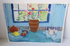 Vintage Still Life Gouache Watercolor Painting Woodstock NY Sylvia Weinberg